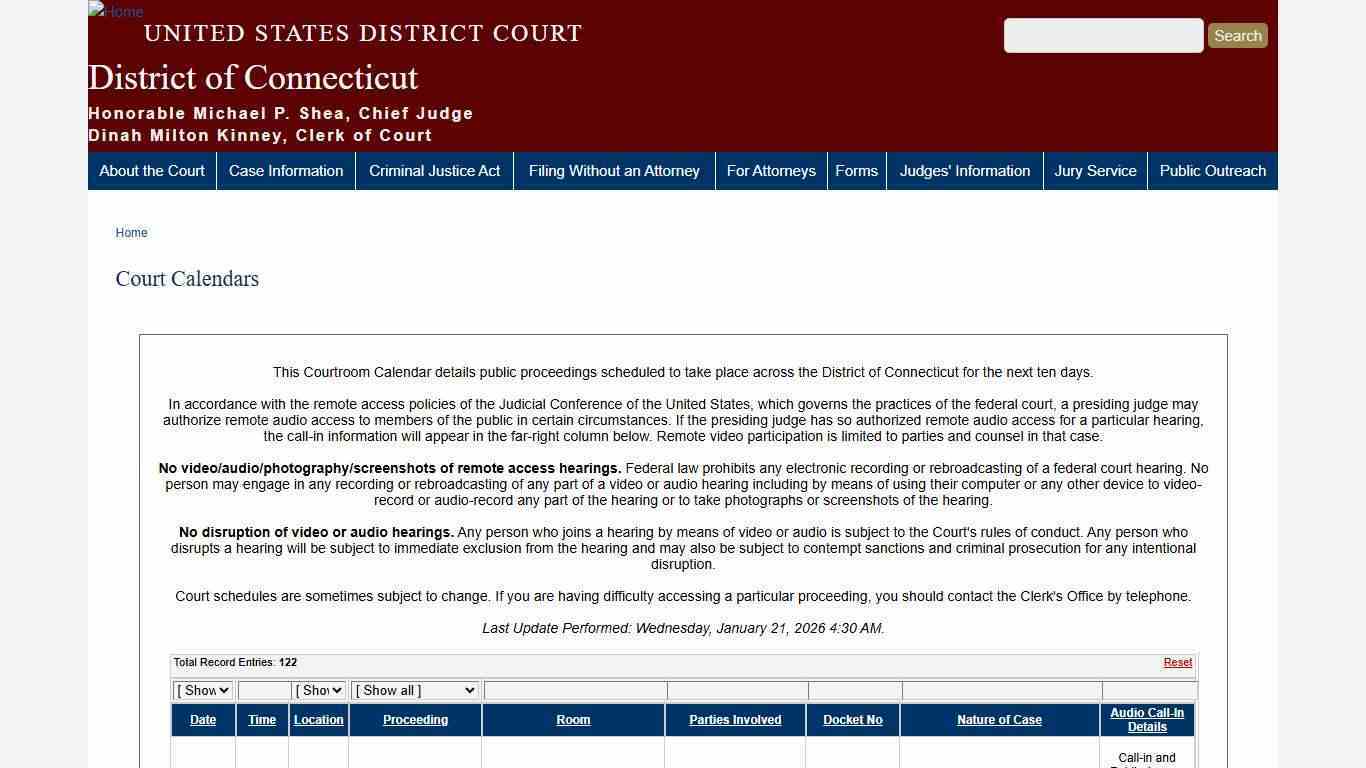 Court Calendars | District of Connecticut | United States District Court